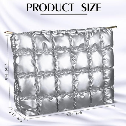 Hillban Puffy Quilted Makeup Bag Quilted Cosmetic Bag Cute Puffer Toiletry Checkered Pouch Aesthetic Travel Makeup Brushes Organizer(Silver,Classic)