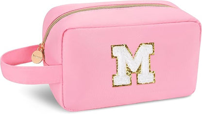 Aveniee Gifts for Teen Girls,Monogram Initial Makeup Bag for 5–16-Year-Olds,Personalized Christmas Birthday Gifts,Stocking Stuffers,Trendy Travel Toiletry Bag-Pink M