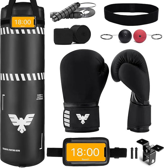 Elite Sports 4ft Boxing Bag, Punching Bag Set with 12oz Gloves, Hand Wraps, Jump Rope, Reflex Ball & Phone Holder - for Boxing, MMA, Kickboxing, Martial Arts, Home Gym (Unfilled)