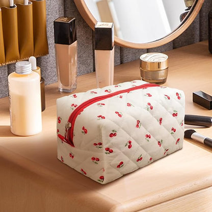 Quilted Makeup Bag,Small Travel Floral Cosmetic Bag Cute Pouch,Cotton Makeup Brushes Storage Bag for Women