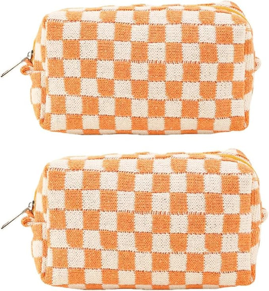 SxoSyo 2 Pcs Cosmetic Bags for Women Makeup Bag Purse Travel Toiletry Zipper Storage Pouch Make up Brushes Organizer for Gifts (Checkered, Orange 2)