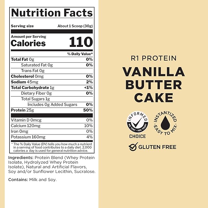 Rule One Proteins R1 Protein - 25g Fast-Acting, Super-Pure 100% Isolate and Hydrolysate Protein Powder with 6g BCAAs (2 Pounds*, Vanilla Butter Cake)