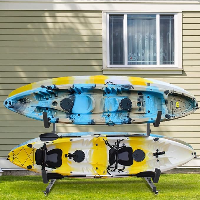 Bonnlo Kayak Stand Freestanding Storage Rack for Kayak Canoe Boat Paddle Board SUP Surfboard for Indoor Outdoor Garage, Shed, Dock with Lockable Wheels Wide Adjustable