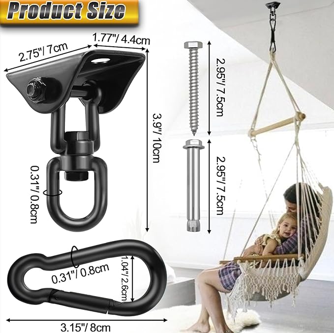 Hammock Hanging Kit, Hanging Chair Hardware 360° Swivel 1200 lb Capacity, Porch Swing Mounting Hardware, Hammock Chair Hanging Kit for Boxing Bag, Tree Gym (Black)