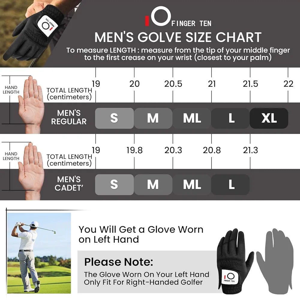 FINGER TEN Golf Gloves Men Left Hand Rain Grip Glove for Right Handed Golfer Value 3 Pack, All Weather Durable Grip Size Small Medium Large XL White Black Blue