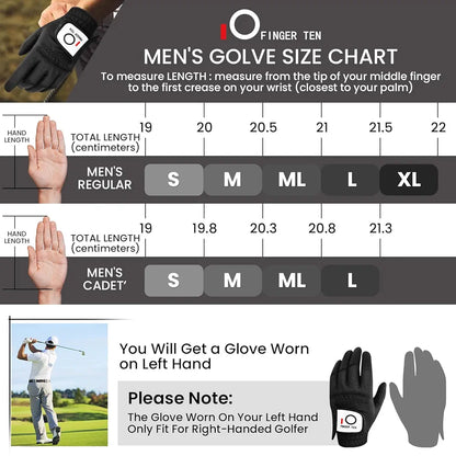 FINGER TEN Golf Gloves Men Left Hand Rain Grip Glove for Right Handed Golfer Value 3 Pack, All Weather Durable Grip Size Small Medium Large XL White Black Blue