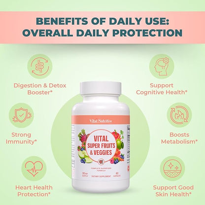 Vital Super Fruits & Veggies - Daily Superfood Capsules for Adults - Fruit & Vegetable Supplements to Boost Immunity & Energy - 2-in-1 Formula for Overall Wellness - Fruit and Vegetable Capsules