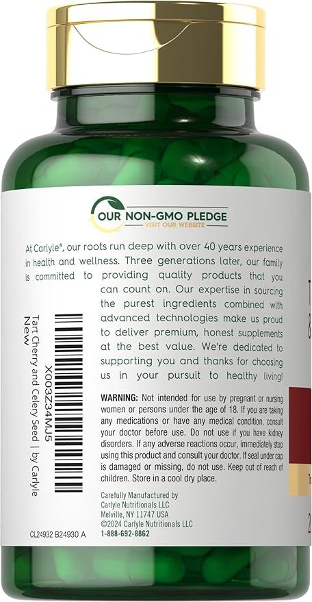 Carlyle Tart Cherry and Celery Seed Supplement | 200 Capsules | Vegetarian, Non-GMO, and Gluten Free