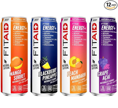 LIFEAID FITAID Energy, 200mg Natural Caffeine, Keto, Variety Pack, Optimum Performance Formula: BCAAs, Quercetin, Electrolytes, Omega-3s, 15 Calories, Paleo, Vegan & Gluten-Free, 12 Fl Oz (Pack of 12)