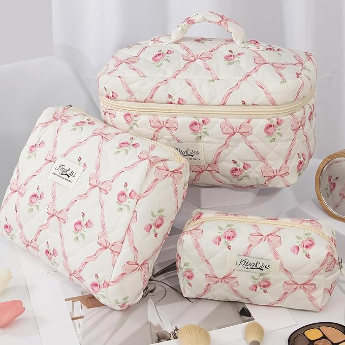 kingkiss Makeup Bag, Quilted Cosmetic Bag, Large Capacity Make Up Bag for Women, Cute Floral Storage Toiletry Bag Travel Storage Makeup Bag (Pink)