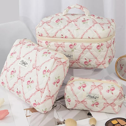 kingkiss Makeup Bag, Quilted Cosmetic Bag, Large Capacity Make Up Bag for Women, Cute Floral Storage Toiletry Bag Travel Storage Makeup Bag (Pink)