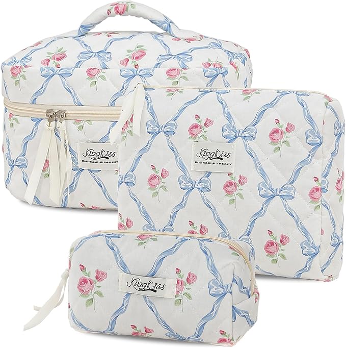 kingkiss Makeup Bag, Quilted Cosmetic Bag, Large Capacity Make Up Bag for Women, Cute Floral Storage Toiletry Bag Travel Storage Makeup Bag(Blue)