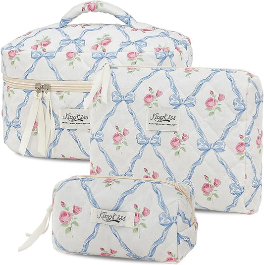 kingkiss Makeup Bag, Quilted Cosmetic Bag, Large Capacity Make Up Bag for Women, Cute Floral Storage Toiletry Bag Travel Storage Makeup Bag(Blue)