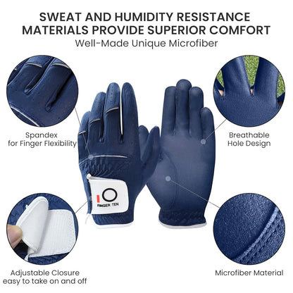 FINGER TEN Golf Gloves Men Left Hand Rain Grip Glove for Right Handed Golfer Value 3 Pack, All Weather Durable Grip Size Small Medium Large XL White Black Blue