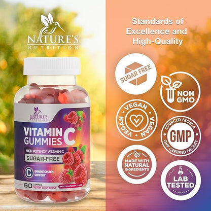 Zero Sugar Vitamin C Gummies - Immune Support & Antioxidant Vitamin Dietary Supplement - Vegan, Non-GMO, Dairy & Gluten Free C Vitamin Gummy - Raspberry Flavor for Kids & Adults - 60 Count Gummies