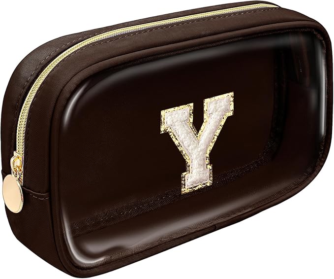 Preppy Makeup Bag,Personalized Initial Makeup Bags with Zipper, Clear Makeup Bag Small Cosmetic Bags,Nylon Travel Toiletry Bag Travel Essentials,Birthday Gift For Men Preppy Things For Boys(Coffee, Y)