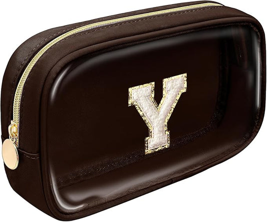 Preppy Makeup Bag,Personalized Initial Makeup Bags with Zipper, Clear Makeup Bag Small Cosmetic Bags,Nylon Travel Toiletry Bag Travel Essentials,Birthday Gift For Men Preppy Things For Boys(Coffee, Y)