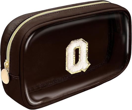 LETGO Preppy Makeup Bag,Personalized Initial Makeup Bags with Zipper, Clear Makeup Bag Small Cosmetic Bags,Nylon Travel Toiletry Bag Travel Essentials,Easter Gifts for Kids(Coffee, Q)