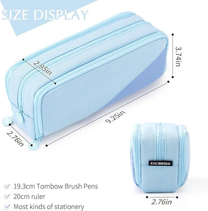 CICIMELON Big Capacity Pencil Case 3 Compartments Pen Pouch Bag Multifunctional Organizer for School Office, Haze Blue