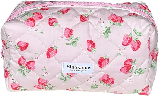 Cotton Quilted Makeup Bag, Cute Aesthetic Strawberry Pencil Case Pouch Toiletry Bag Cosmetic Bag Brush Organize for Girls Women,Strawberry me Up