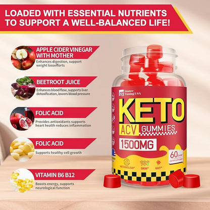 Keto ACV Gummies - 1500MG ACV Keto Gummies for Women Men - Apple Cider Vinegar with Mother, Probiotics, Vitamins B6 B12 for Gut Digestion - Vegan & Non-GMO Keto Gummies, Made in USA, 5 Pack