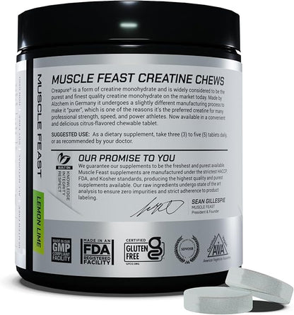 Muscle Feast Vegan Creatine Monohydrate, Gluten-Free Creapure Chews, Lemon Lime, 120 Tabs