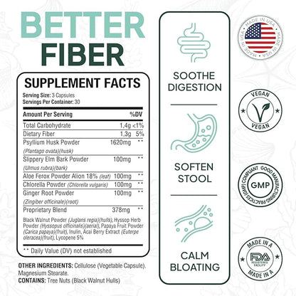 Better Fiber - Daily Fiber Supplement - Soften Stool for Effortless Bowel Movements - with Psyllium Hulk and Slippery Elm - 3 Bottles
