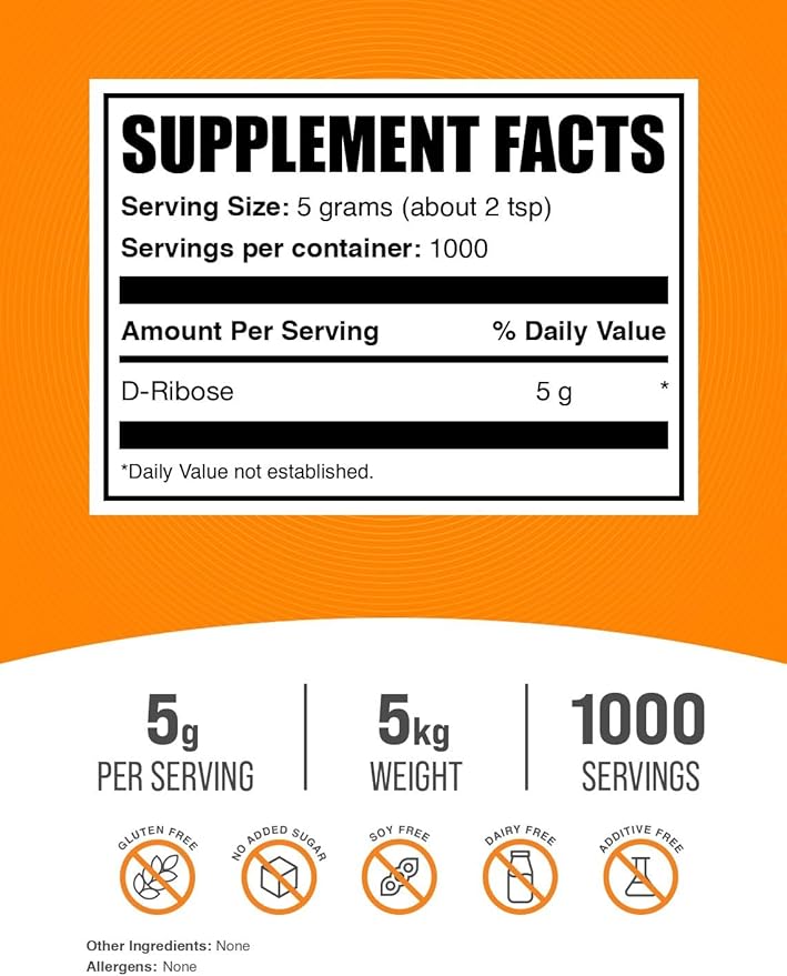 BulkSupplements.com D-Ribose Powder - D-Ribose Supplement, Ribose 5000mg, for Energy Support - Unflavored & Gluten Free, 5000mg per Serving, 5kg (11 lbs) (Pack of 5)