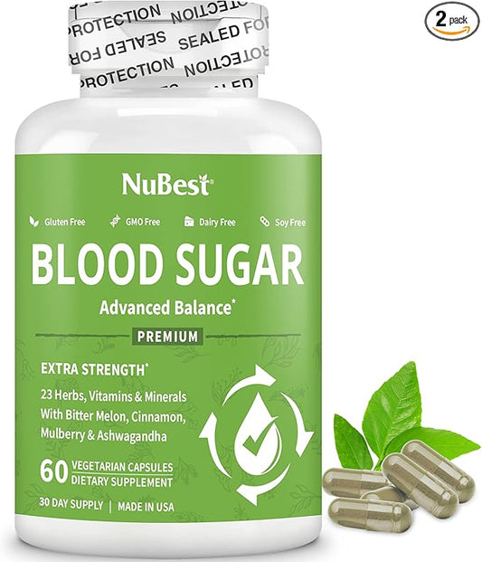 NuBest Blood Sugar - Support Healthy Blood Sugar with Premium Formula Bitter Melon, Ashwagandha, Cinnamon, Chromium, Magnesium, Vitamins, Alpha Lipoic Acid, Cayenne Pepper - Pack 2