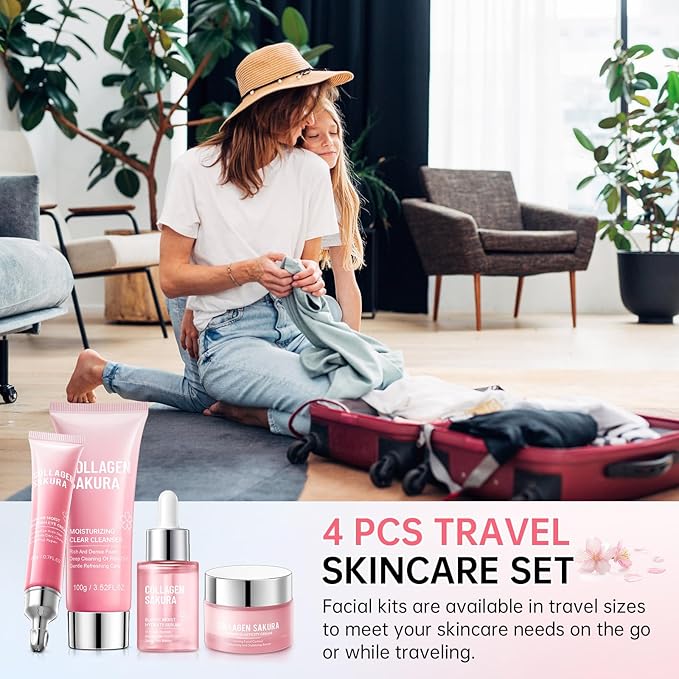 JAPAN SAKURA Skin Care Set, Cherry Blossom Skincare Set for Teen Girls & Women, Moisturizing & Repairing Skin, 4 Pcs Collagen Skin Care Kits for Travel with Facial Cleanser, Serum, Cream & Eye Cream