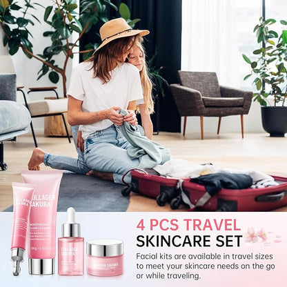 JAPAN SAKURA Skin Care Set, Cherry Blossom Skincare Set for Teen Girls & Women, Moisturizing & Repairing Skin, 4 Pcs Collagen Skin Care Kits for Travel with Facial Cleanser, Serum, Cream & Eye Cream