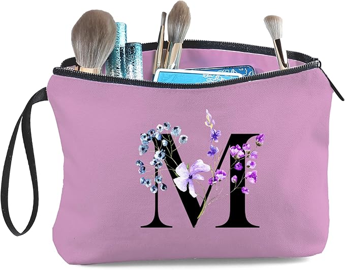 SEAMOON Women Birthday Maid of Honor Monogrammed Gifts for Bride Bridesmaid Sister Friend Her Teacher Makeup Cosmetic Bag with Mirror Mothers Day Christmas Graduation M