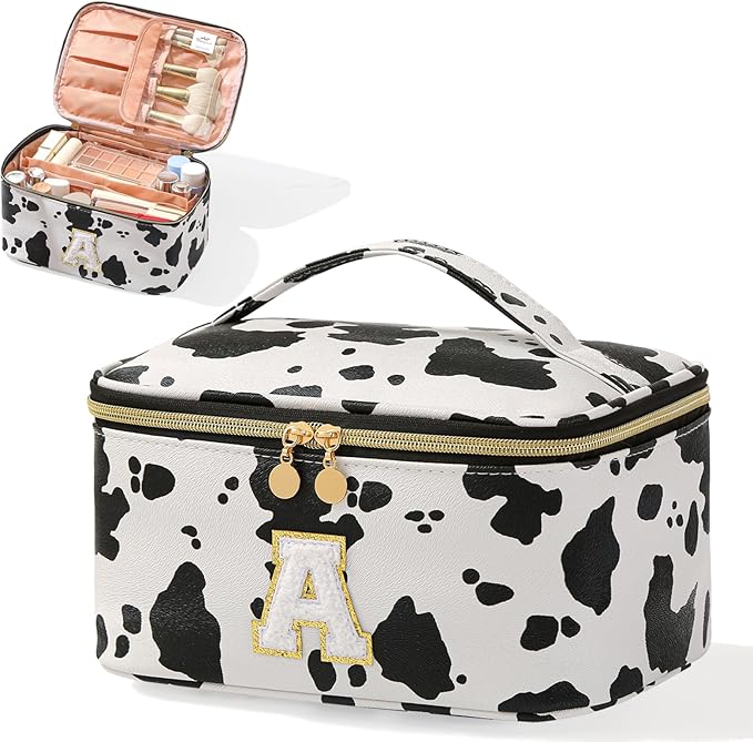Personalized Monogram Makeup Bag with Dividers - Cow Print Travel Toiletry Organizer for Women | Waterproof Cosmetic Pouch with Brush Holder & Handle (9.8x6.7x5.1in)
