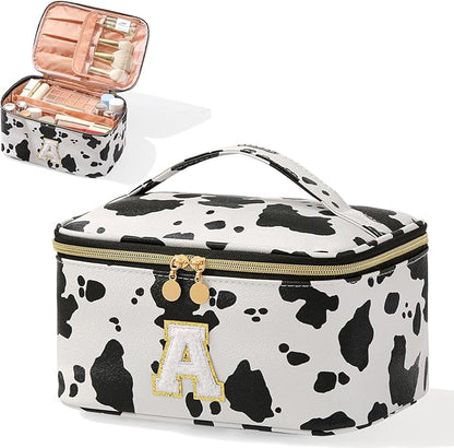 Personalized Monogram Makeup Bag with Dividers - Cow Print Travel Toiletry Organizer for Women | Waterproof Cosmetic Pouch with Brush Holder & Handle (9.8x6.7x5.1in)