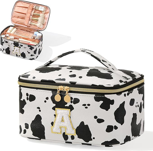Personalized Monogram Makeup Bag with Dividers - Cow Print Travel Toiletry Organizer for Women | Waterproof Cosmetic Pouch with Brush Holder & Handle (9.8x6.7x5.1in)