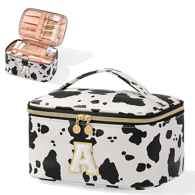 KITENROM Initial Makeup Bag Monogram Travel Pouch Extral Large Cosmetic Bag Cute Cow Print Personalized Makeup Organizer Toilitery Case for Women with Removable Divider Letter A