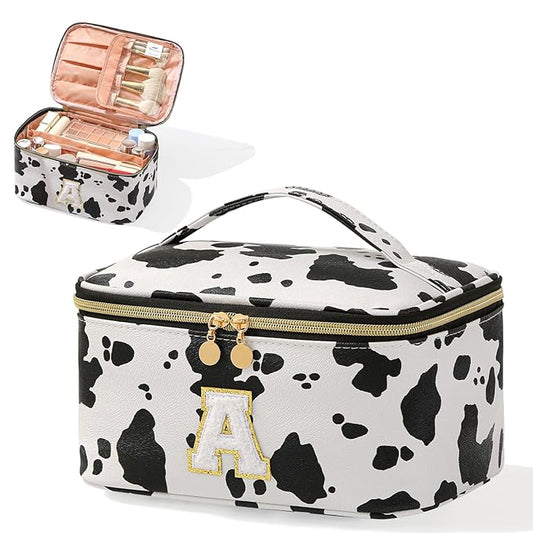 KITENROM Initial Makeup Bag Monogram Travel Pouch Extral Large Cosmetic Bag Cute Cow Print Personalized Makeup Organizer Toilitery Case for Women with Removable Divider Letter A