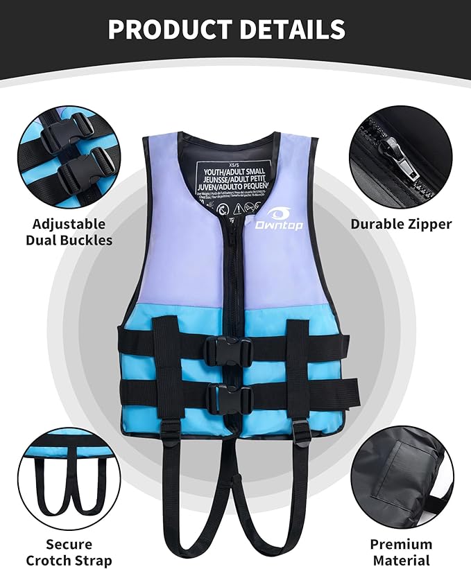 Owntop Kids and Adult Swim Jackets 50 to 125 lbs Dual Buckles, Zipper and Crotch Strap Ski Vest Lightweight PFD Perfect for Kayaking, Fishing, Paddle Board