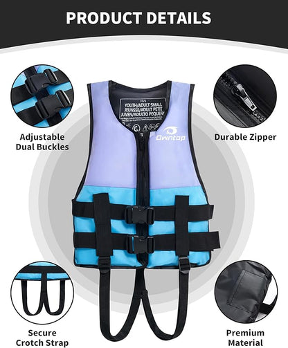 Owntop Kids and Adult Swim Jackets 50 to 125 lbs Dual Buckles, Zipper and Crotch Strap Ski Vest Lightweight PFD Perfect for Kayaking, Fishing, Paddle Board