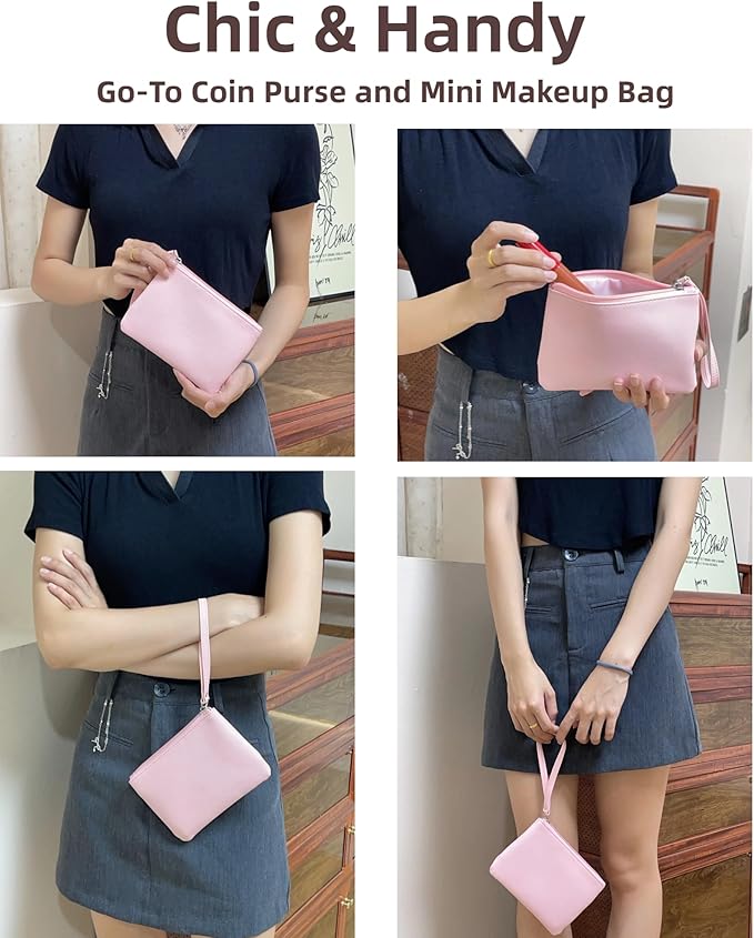 Small Makeup Bag for Purse Mini Cosmetic Pouch Zipper Little Wristlet, Tiny Make Up Organizer Lipstick Feminine Product Car Change Coin Holder for Women, 4.5 x 6.5 Clutch Stadium Approved, 1 Pink