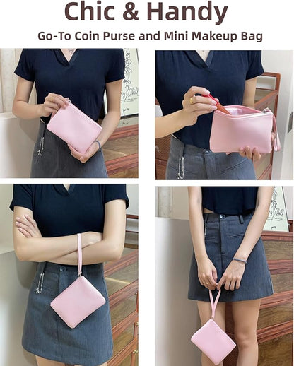 Small Makeup Bag for Purse Mini Cosmetic Pouch Zipper Little Wristlet, Tiny Make Up Organizer Lipstick Feminine Product Car Change Coin Holder for Women, 4.5 x 6.5 Clutch Stadium Approved, 1 Pink