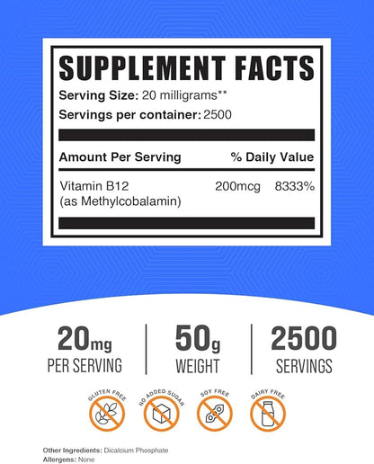 BulkSupplements.com Vitamin B12 Methylcobalamin Powder - 1% B12 Methylcobalamin, Essential B Vitamin - B12 Supplement, Gluten Free, 20mg per Serving, 50g (1.8 oz) (Pack of 1)