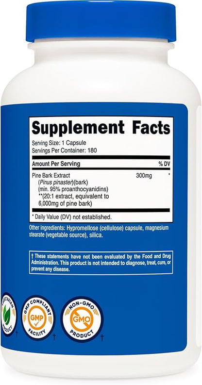 Nutricost Pine Bark Extract 6000mg Equivalent, 180 Capsules, 300mg Standardized to Contain 95% Proanthocyanidins - Vegetarian, Non-GMO and Gluten Free