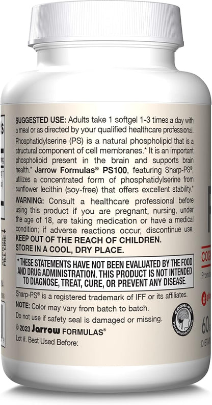 Jarrow Formulas PS100 Phosphatidylserine 100 mg, Dietary Supplement for Brain Health and Cognition Support, 60 Softgels, 20-60 Day Supply