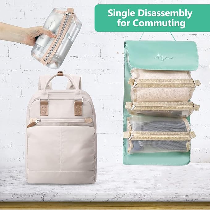 Roll Up Makeup Bag, Hanging Toiletry Bag, 4 in 1 Detachable Cosmetic Bag, 4 Removable Storage Bags, Travel Makeup Organizer Bags for Women Men(Green)