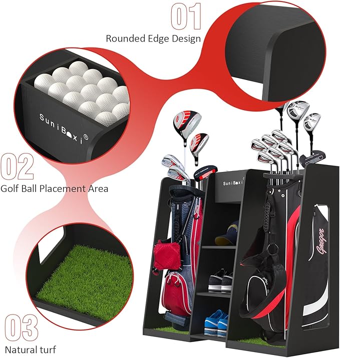 Golf Bag Organizer Storage Rack Stand Holder Fits 2 Extra Large Golf Club Bags and Multiple Golfing Equipment Accessories Great Gifts for Any Skill Level Golfer in Garage Shed Basement Indoor Outdoor