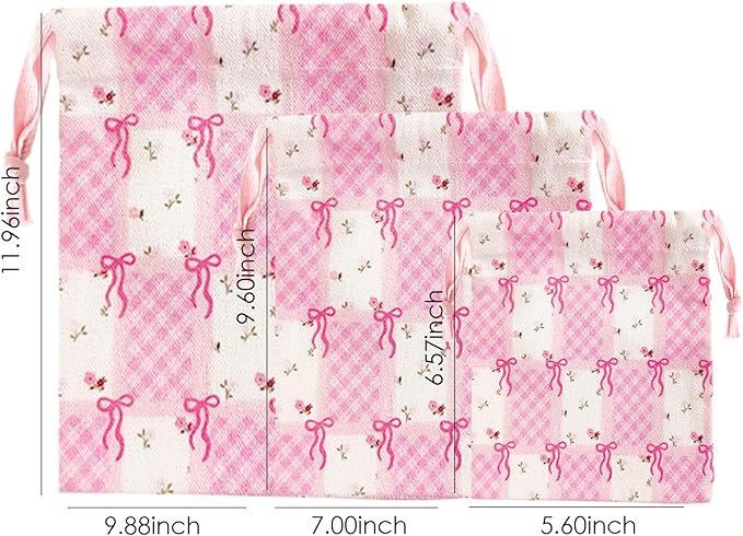 LYDZTION 4pcs Floral Drawstring Makeup Bags Pouches For Purse, Small Canvas Cloth Gift Bags Pouch For Cosmetics Jewerlry Home Travel Storage,Flower Bow