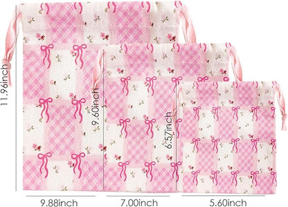 LYDZTION 4pcs Floral Drawstring Makeup Bags Pouches For Purse, Small Canvas Cloth Gift Bags Pouch For Cosmetics Jewerlry Home Travel Storage,Flower Bow