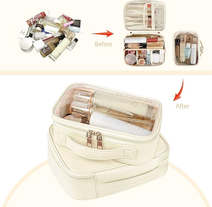 PU Leather Makeup Bag Set - 2 PCS Travel Cosmetic Organizer with Clear Pouch for Women and Girls (White)