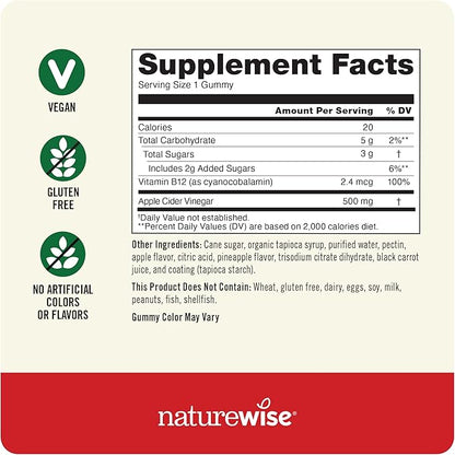 NatureWise Apple Cider Vinegar Gummies - 1000mg ACV per 2 + Vitamin B12 - Pectin Based Vegan, Gluten-Free, Non-GMO -90 Count[45-Day Supply for 1000mg or 3-Months for 500mg]